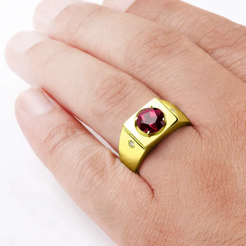 10k Yellow Solid Gold Men's Ring with Ruby Gemstone and Natural Diamonds