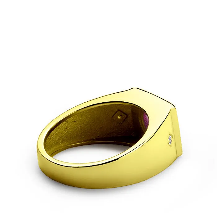 10k Yellow Solid Gold Men's Ring with Ruby Gemstone and Natural Diamonds