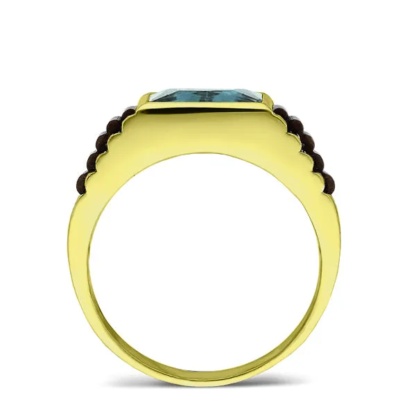 14k Yellow Gold Mens Ring Blue Rectangle Topaz Gemstone Band Ring for Men