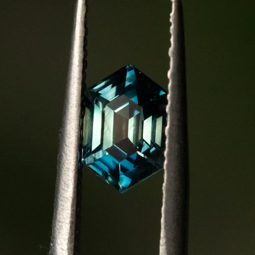 1.67CT MADAGASCAR ELONGATED HEXAGON SAPPHIRE, UNTREATED, PARTI TEAL BLUE GREEN, 8.31X5.53X4.36MM