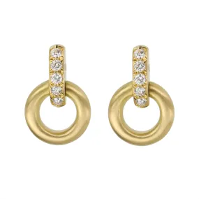 18K Gold Small Round Doorknocker Earrings with Pave Diamond Bar