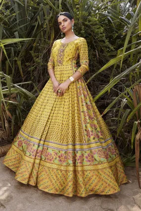 310079 Yellow Printed Silk Designer Anarkali Dress