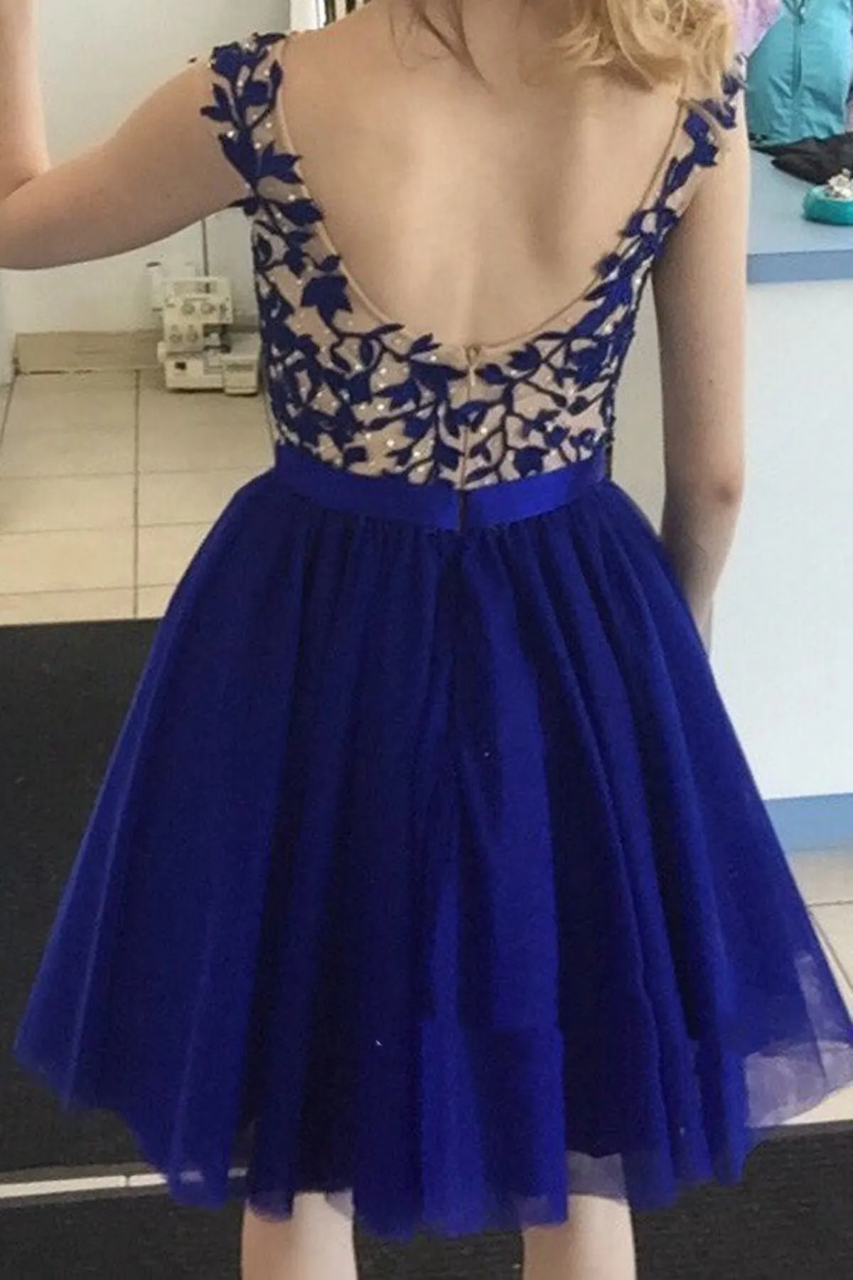 A Line Round Neck Cap Sleeves Short Royal Blue Lace Prom Dress, Short Royal Blue Homecoming Dress, Graduation Dress, Bridesmaid Dress