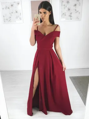 A Line Spaghetti Straps Off Shoulder Burgundy Long Prom Dresses with Side Slit, Burgundy Long Evening Dresses, Formal Dresses, Graduation Dresses