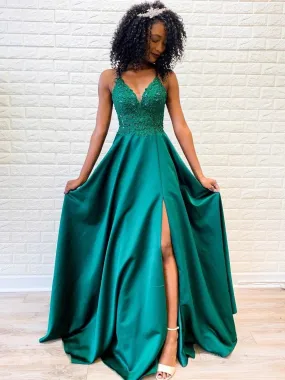 A Line V Neck Backless Lace Green Prom Dresses with Split, Backless Green Lace Formal Dresses, Green Lace Evening Dresses