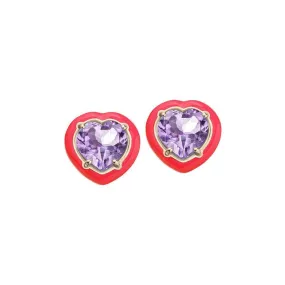 Bea Bongiasca - Candy Heart Stud Earrings with Amethyst and Red Enamel, Yellow Gold and Silver