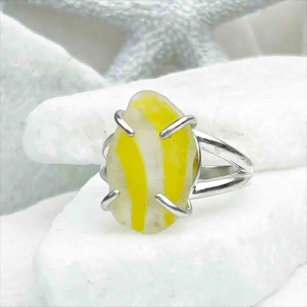 Beaming Yellow English Multi Sea Glass Ring in Sterling Silver Size 8 | #1807