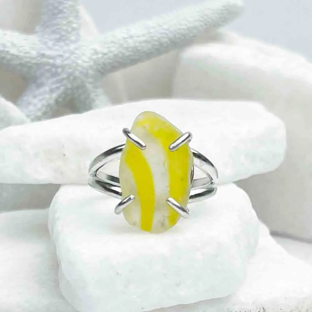 Beaming Yellow English Multi Sea Glass Ring in Sterling Silver Size 8 | #1807