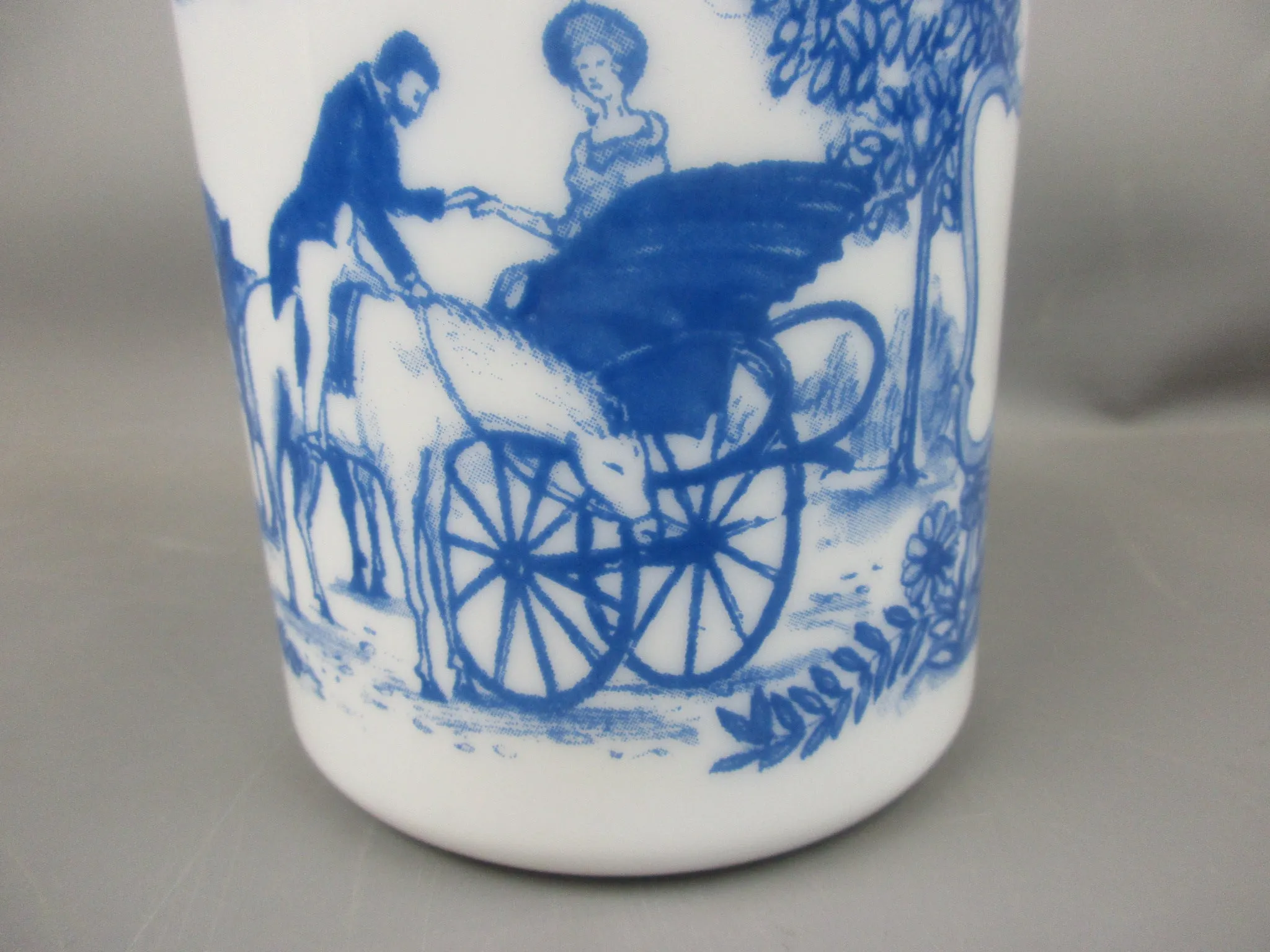 Blue & White Milk Glass Horse & Carriage Design Belgium Apothecary Jar Vintage c1960