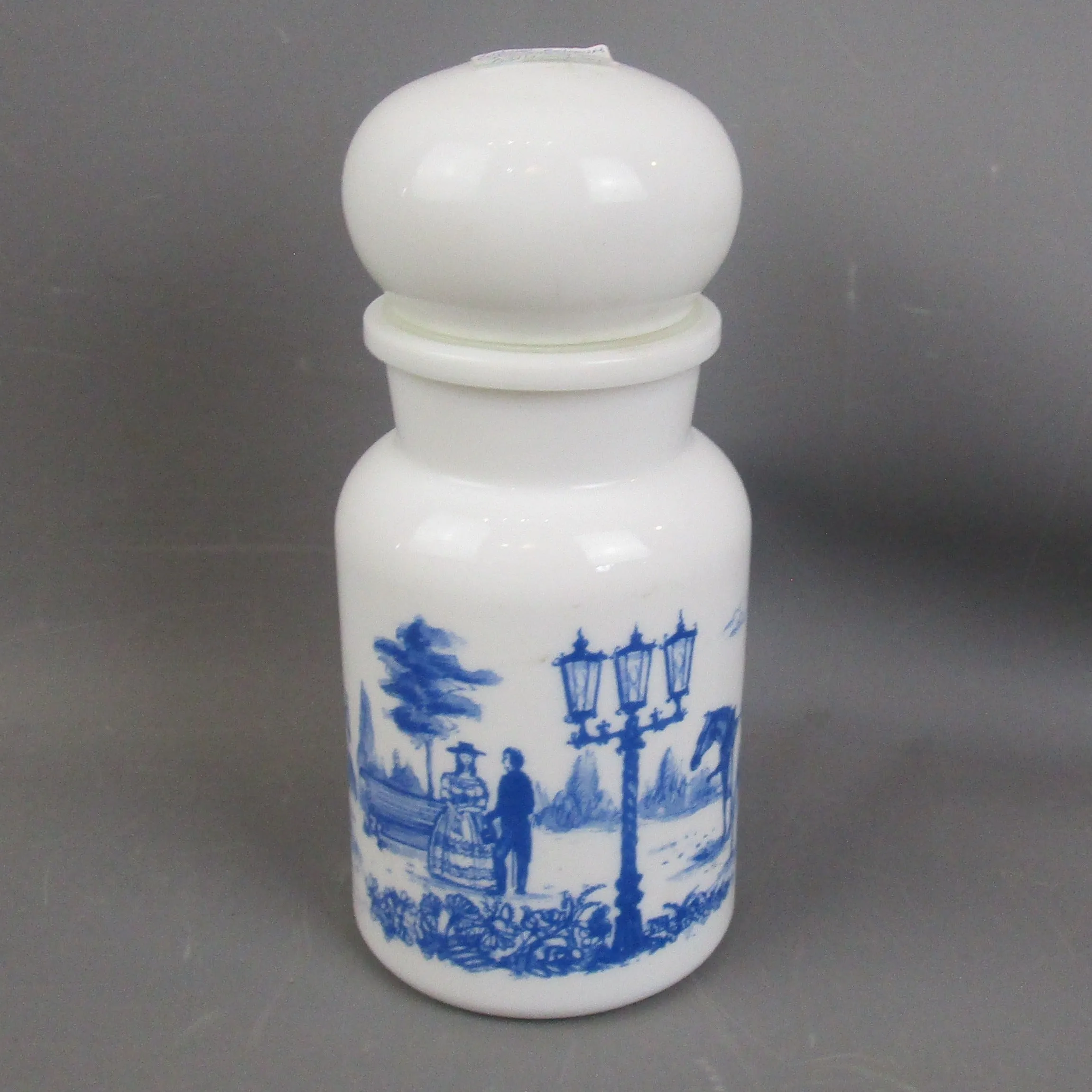 Blue & White Milk Glass Horse & Carriage Design Belgium Apothecary Jar Vintage c1960