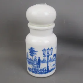 Blue & White Milk Glass Horse & Carriage Design Belgium Apothecary Jar Vintage c1960