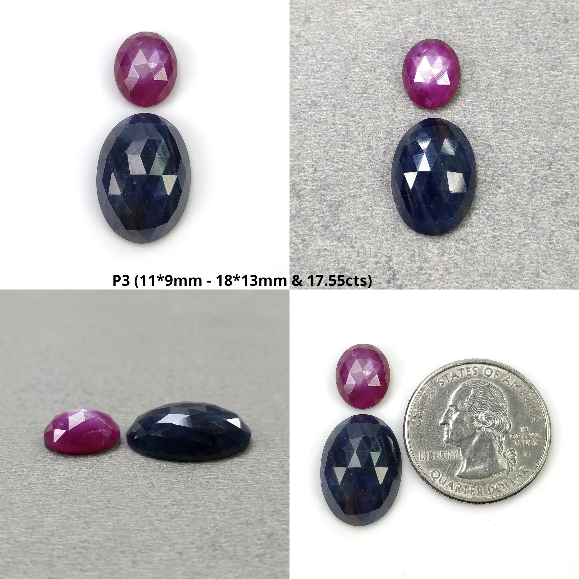 BLUE And Raspberry SAPPHIRE Gemstone Rose Cut : Natural Untreated Sapphire Oval Egg Shape 2pcs