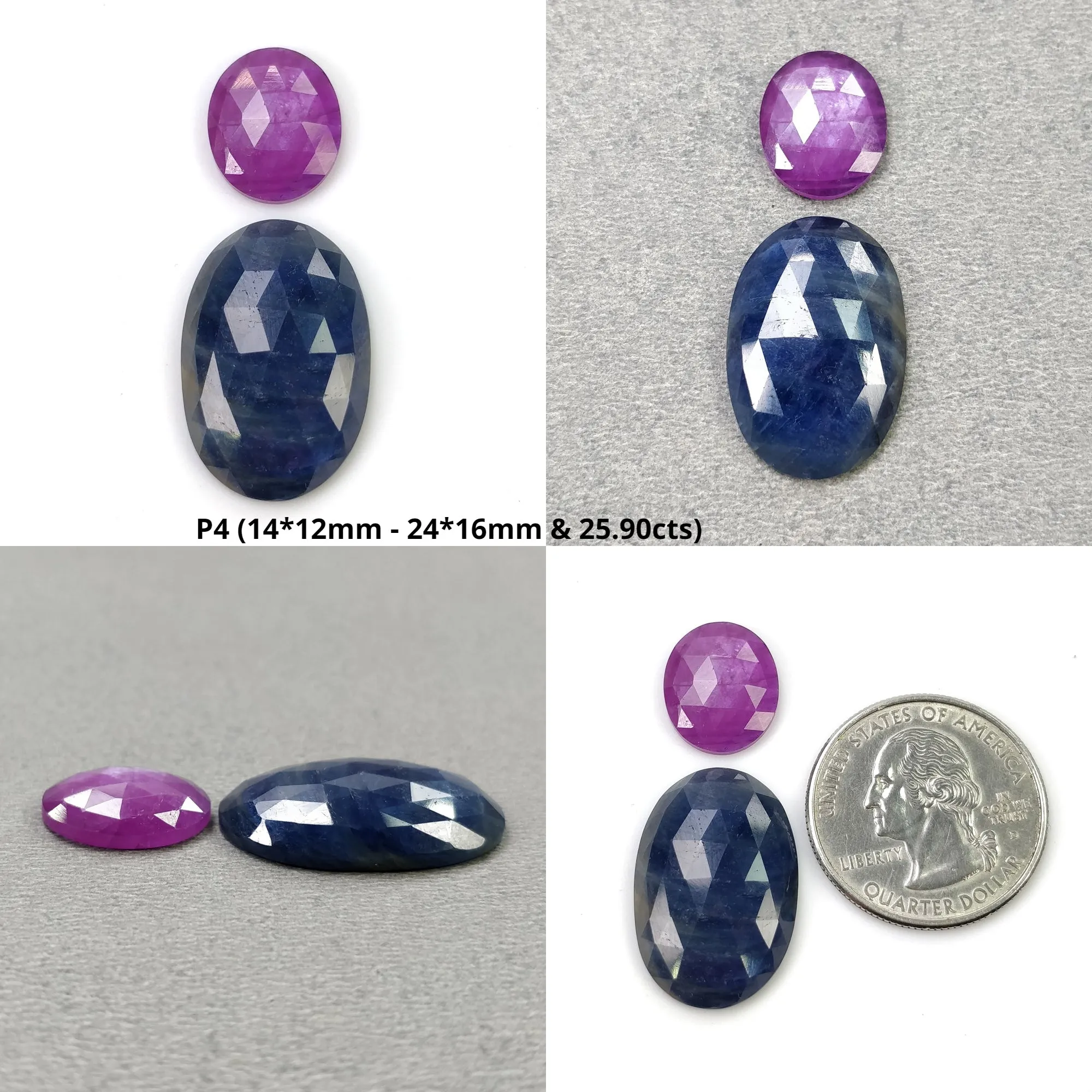 BLUE And Raspberry SAPPHIRE Gemstone Rose Cut : Natural Untreated Sapphire Oval Egg Shape 2pcs