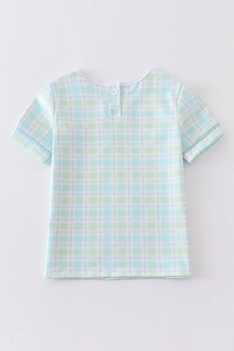 Blue easter plaid he is risen embroidery boy top