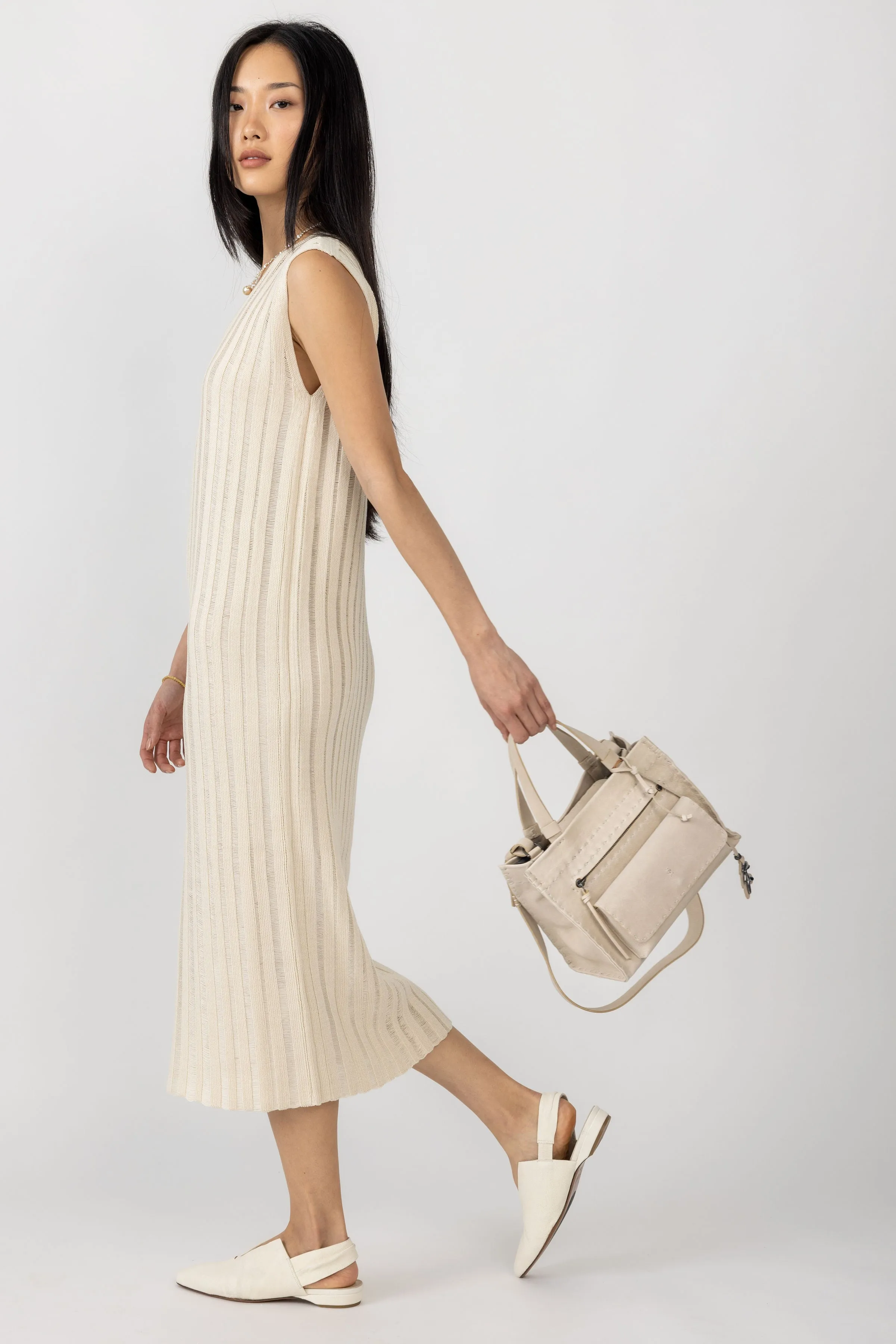 Cotton Knit Midi Dress in Ecru