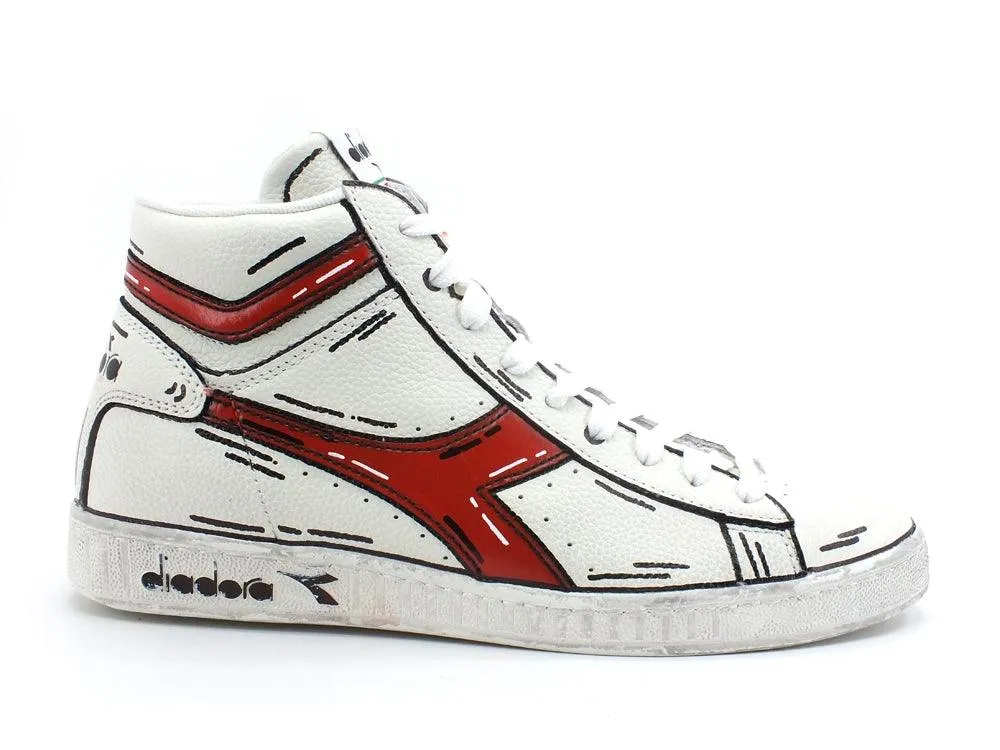 CUSTOM / Diadora Game High Waxed Sneaker Cartoon White Rosso 501.159657C5147