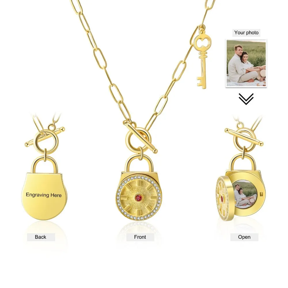 Customized Birthstone Lock & Key Engraved Gold Necklace