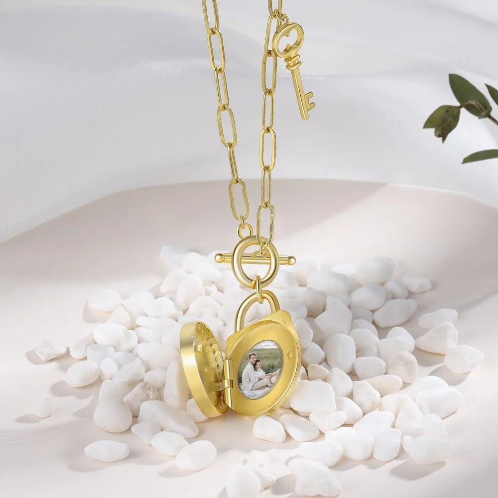 Customized Birthstone Lock & Key Engraved Gold Necklace