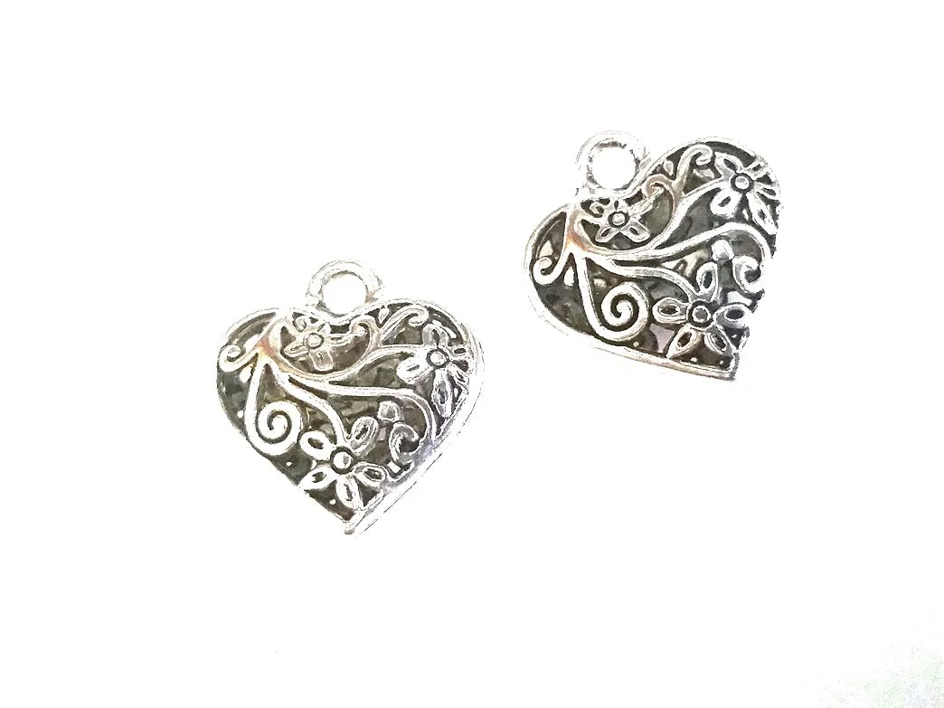 Filigree Heart Pendant, Large Antique Silver Metal Heart Valentine Charm, 20x20mm, Lot Size 8, #1180