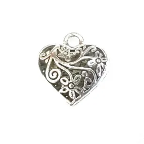 Filigree Heart Pendant, Large Antique Silver Metal Heart Valentine Charm, 20x20mm, Lot Size 8, #1180