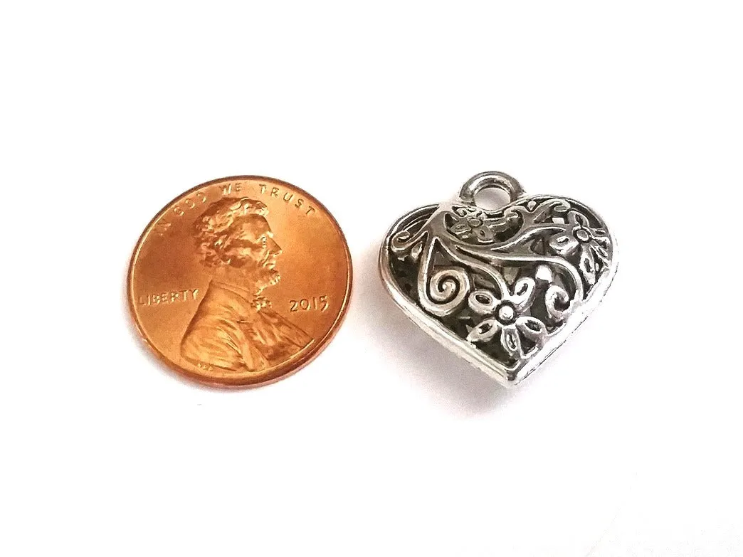 Filigree Heart Pendant, Large Antique Silver Metal Heart Valentine Charm, 20x20mm, Lot Size 8, #1180