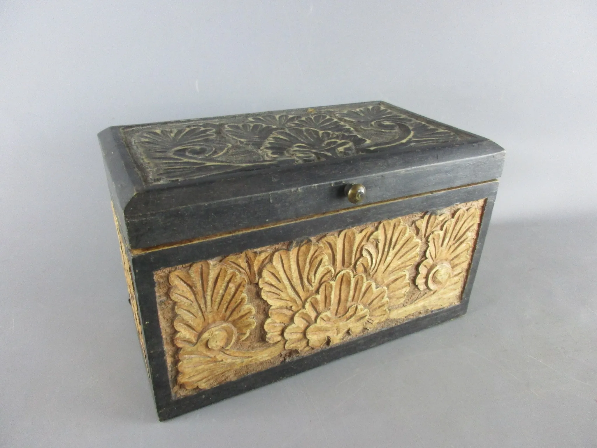 Floral Hand Carved Wooden Storage Caddy Vintage c1970