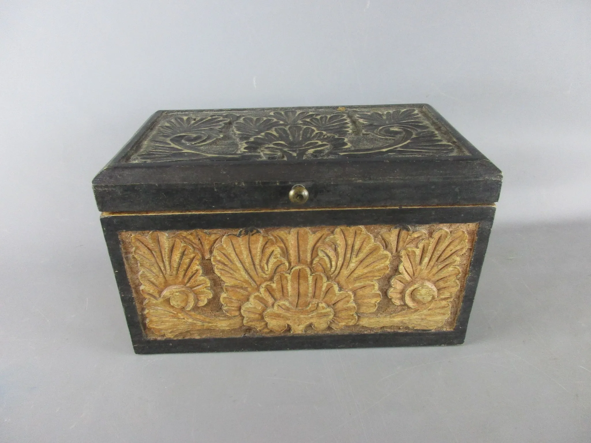 Floral Hand Carved Wooden Storage Caddy Vintage c1970