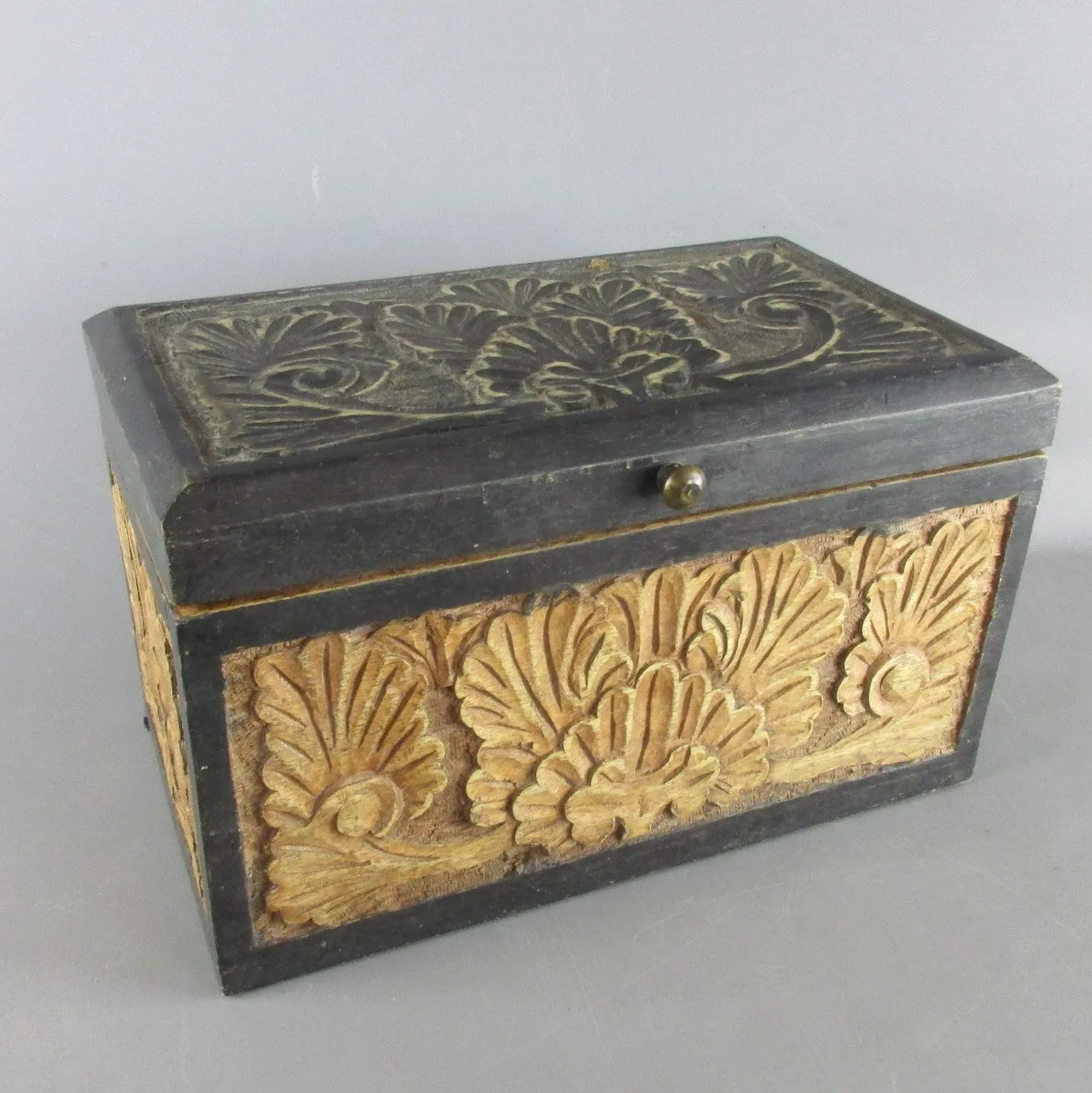 Floral Hand Carved Wooden Storage Caddy Vintage c1970