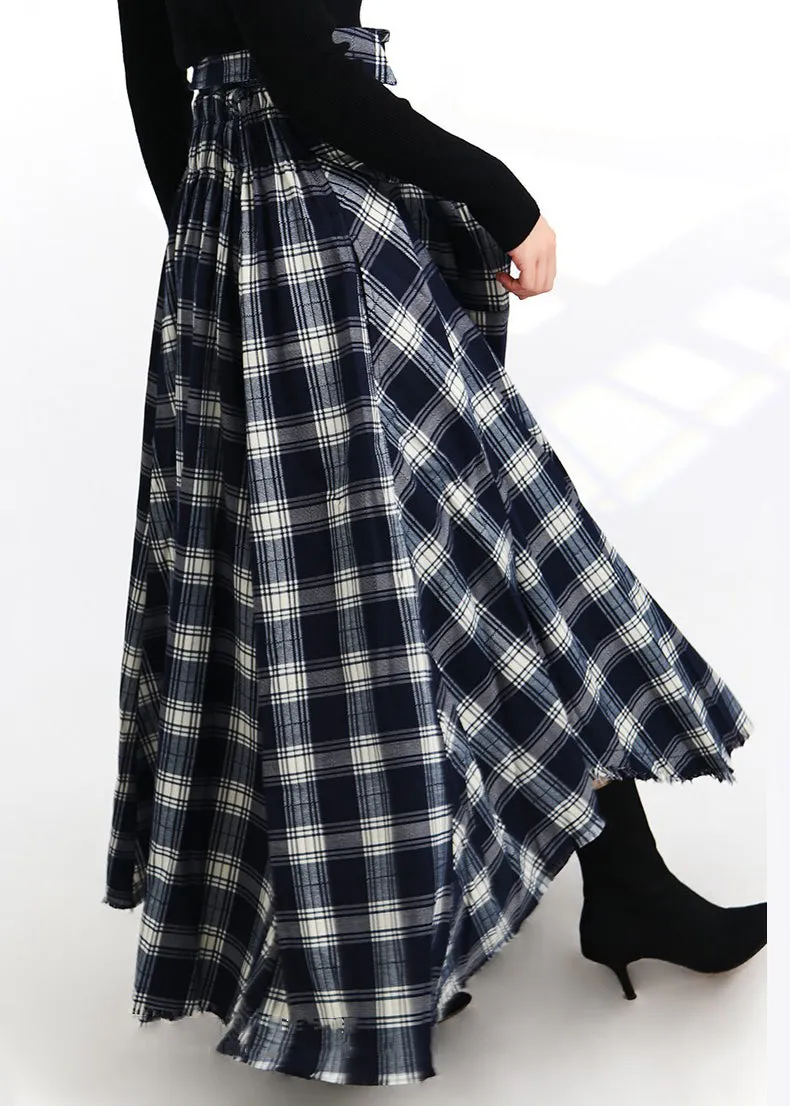 French Plaid Lace Up Button Elastic Waist Cotton Skirt Spring AB1064