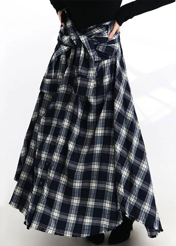 French Plaid Lace Up Button Elastic Waist Cotton Skirt Spring AB1064