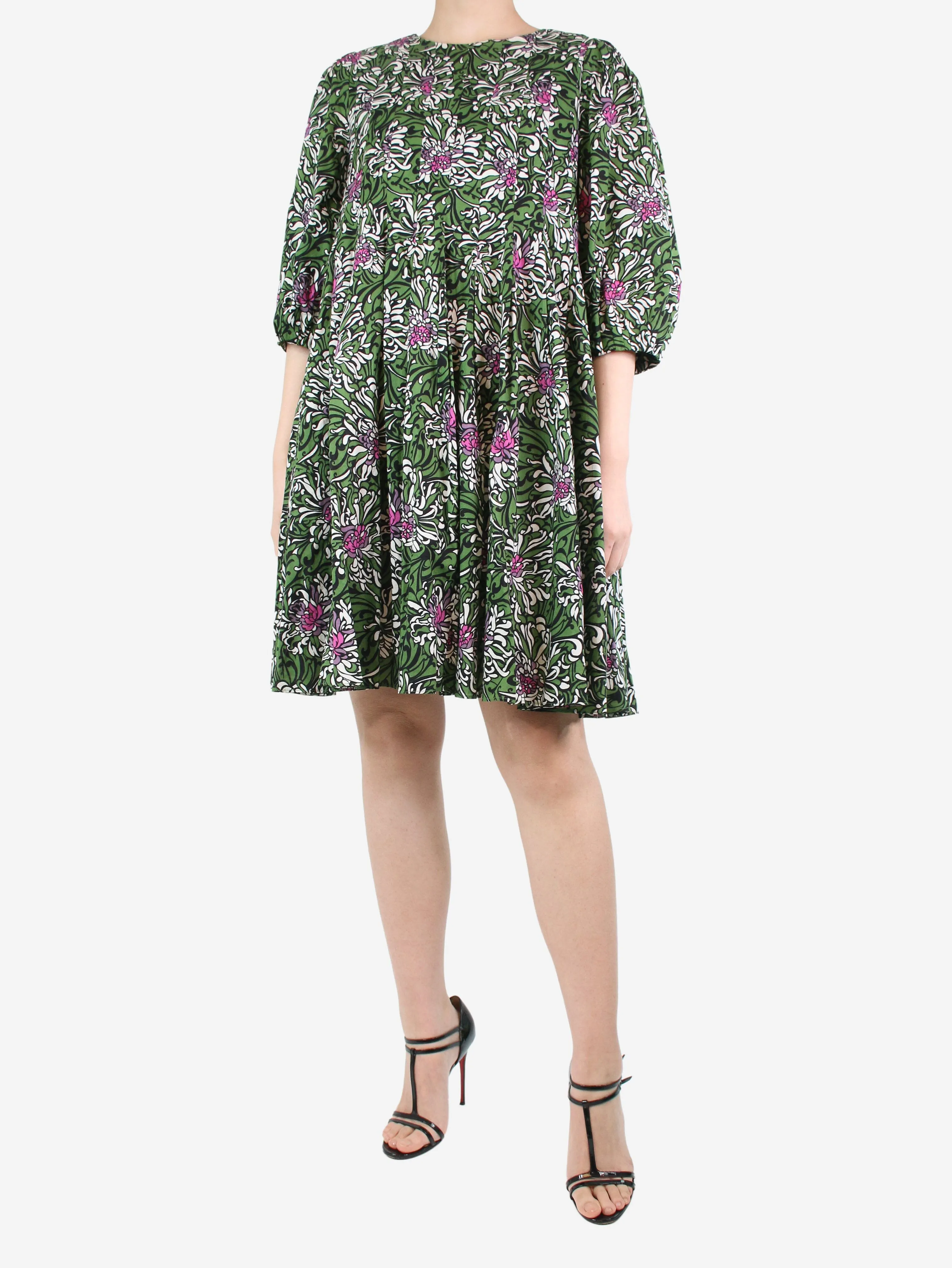 Green floral printed dress - size UK 12