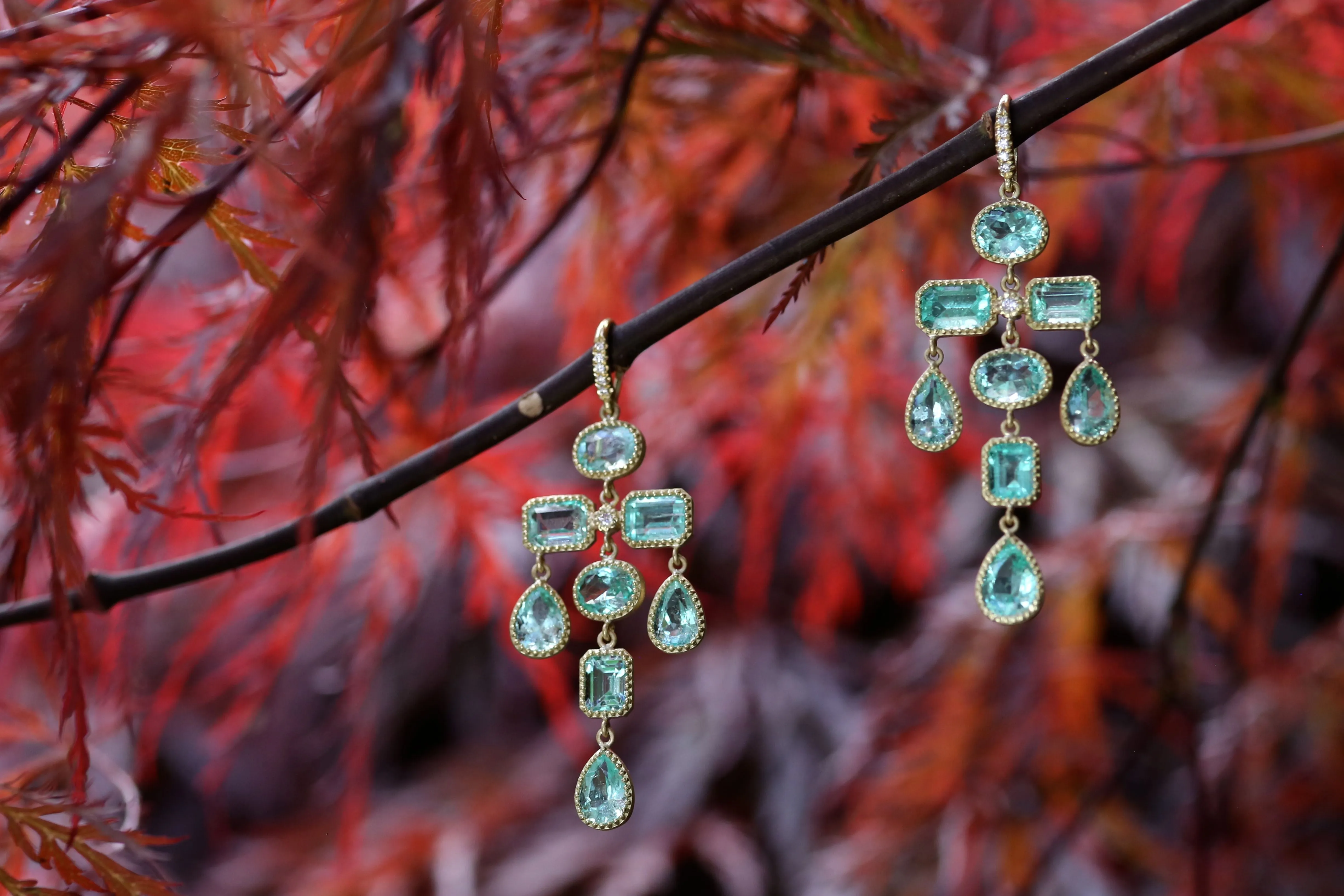 Lauren K - One of a Kind Chandelier Earrings with Emeralds and Diamonds, 18k Yellow Gold