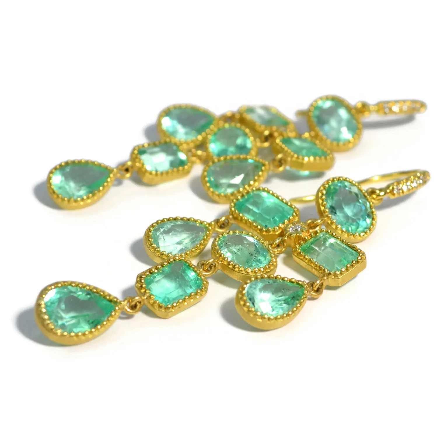 Lauren K - One of a Kind Chandelier Earrings with Emeralds and Diamonds, 18k Yellow Gold