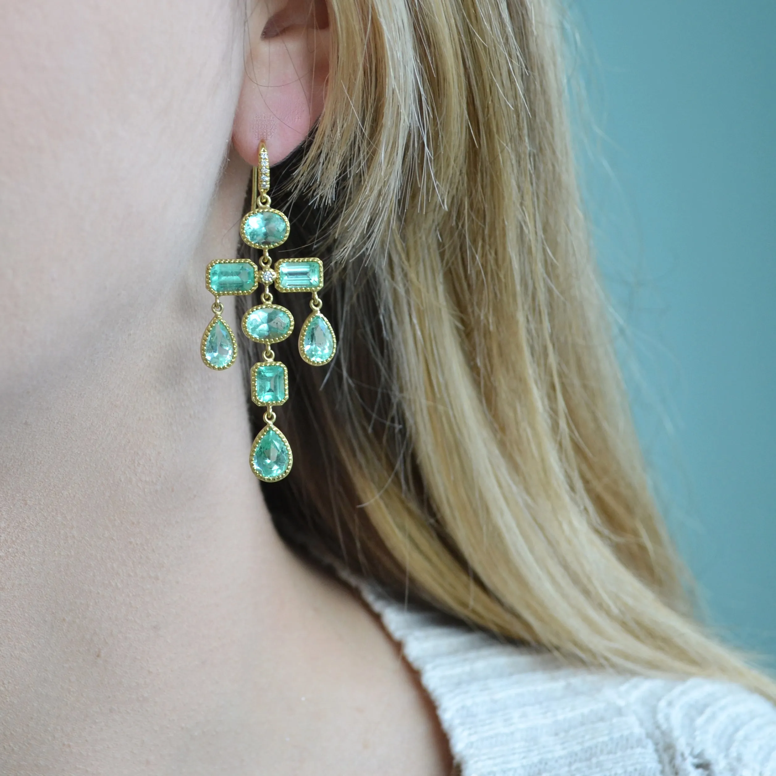 Lauren K - One of a Kind Chandelier Earrings with Emeralds and Diamonds, 18k Yellow Gold