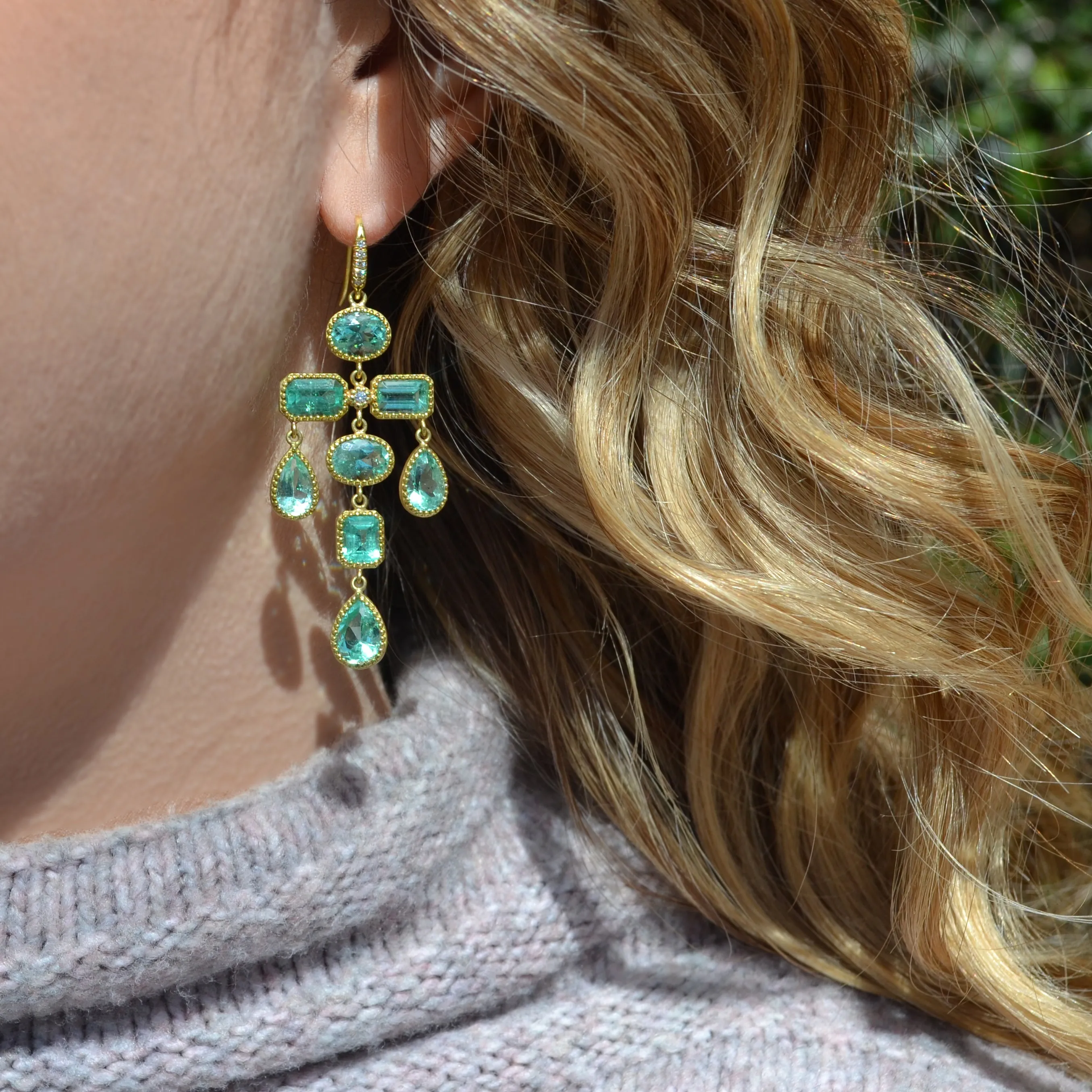 Lauren K - One of a Kind Chandelier Earrings with Emeralds and Diamonds, 18k Yellow Gold