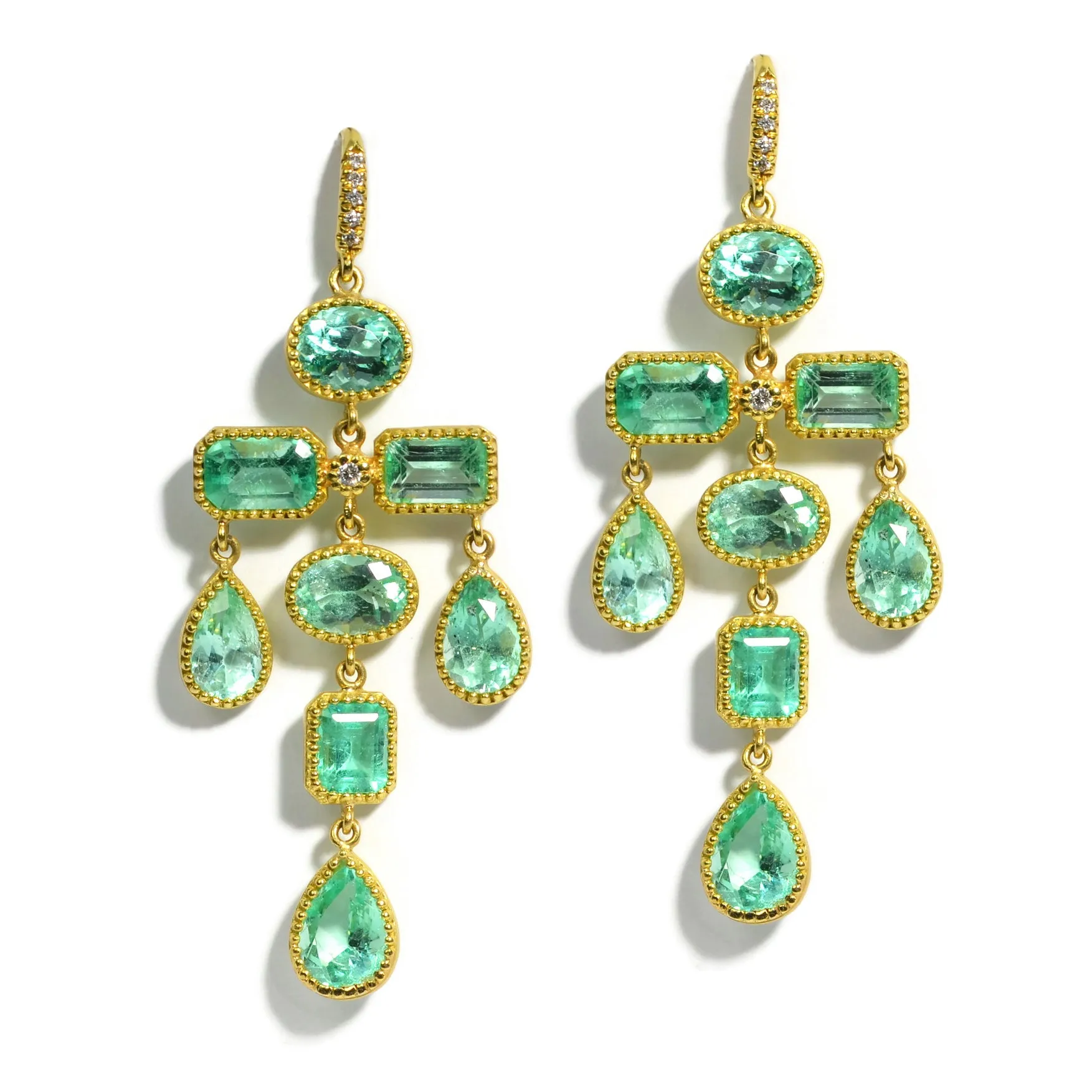 Lauren K - One of a Kind Chandelier Earrings with Emeralds and Diamonds, 18k Yellow Gold