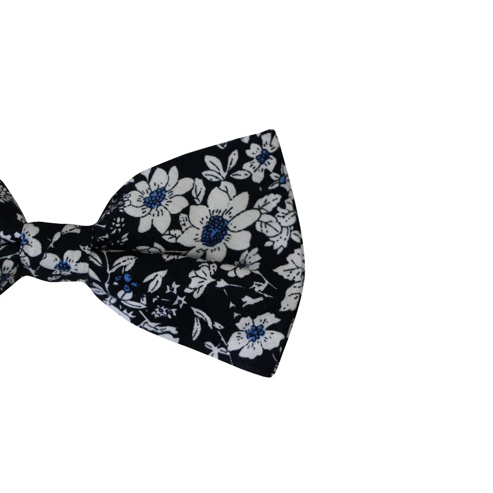 Mens Black, White & Blue Floral Cotton Bow Tie & Pocket Square Set