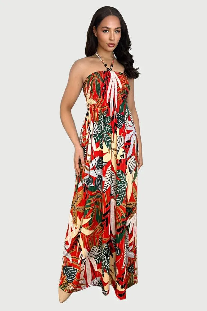 Multicolour Floral Print Shirred Bust Slinky Maxi Dress