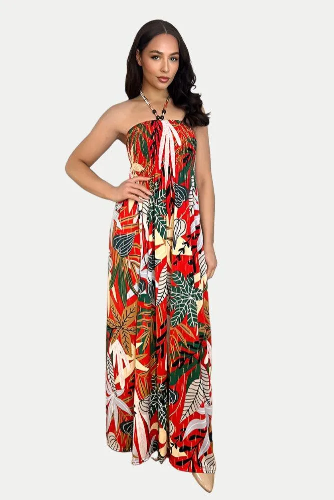 Multicolour Floral Print Shirred Bust Slinky Maxi Dress