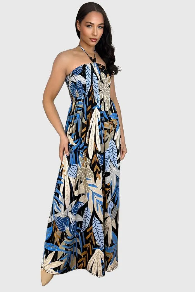 Multicolour Floral Print Shirred Bust Slinky Maxi Dress