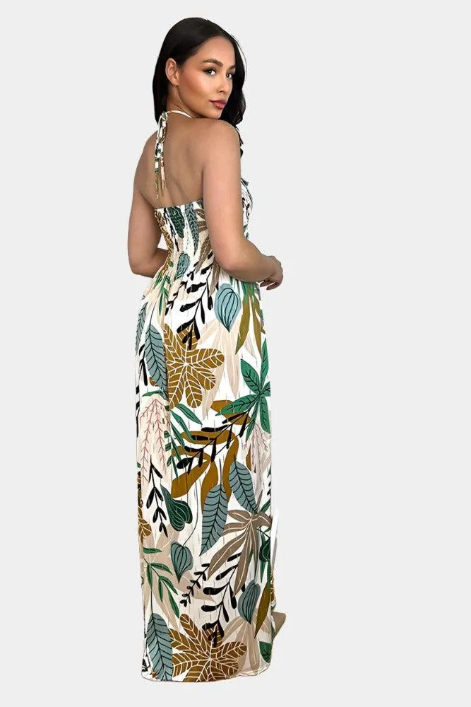 Multicolour Floral Print Shirred Bust Slinky Maxi Dress