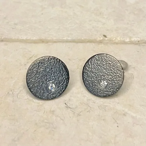 Oxidized Sterling Silver Disc Earrings with Diamond