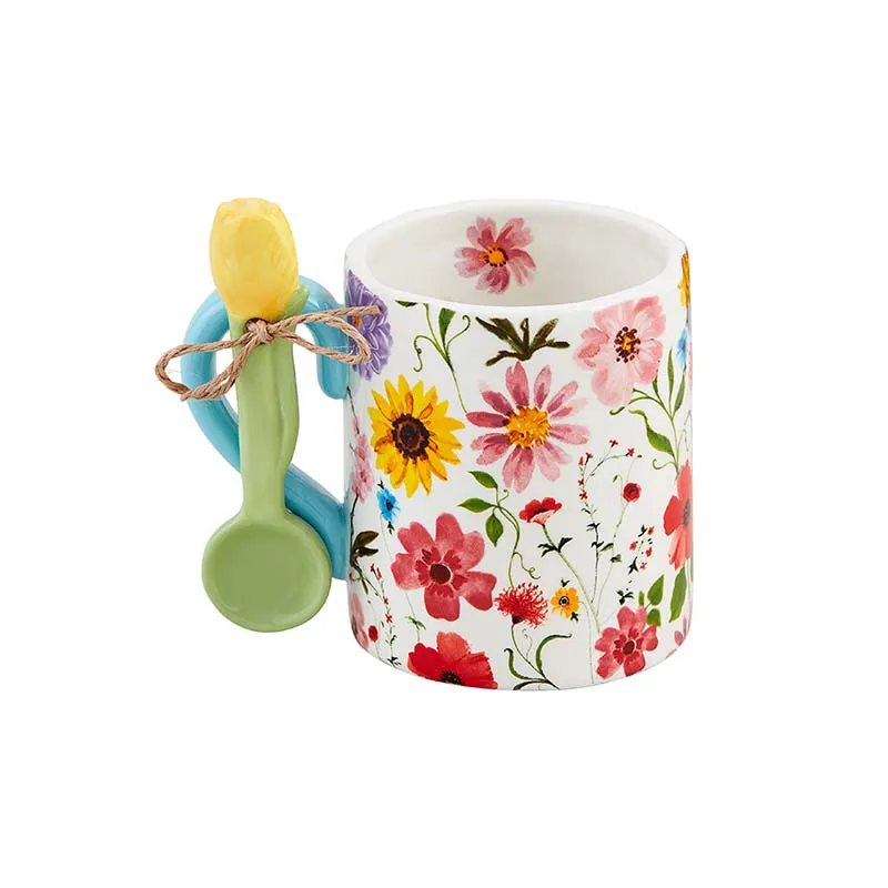 Pink Floral Mug With Spoon