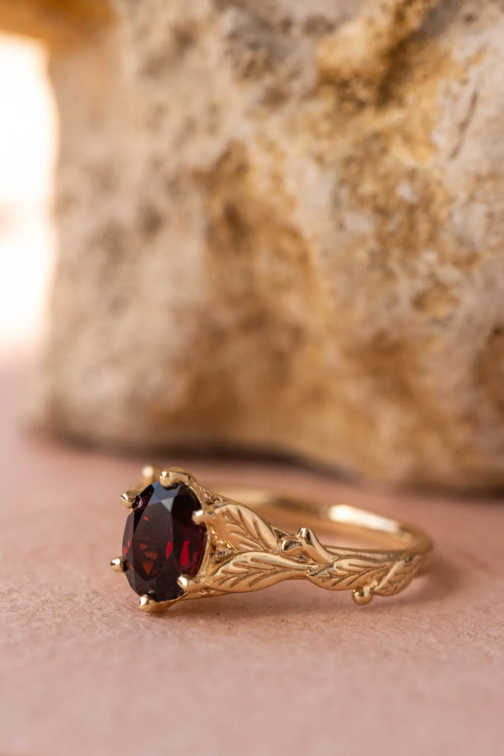 READY TO SHIP: Freesia ring in 14K yellow gold, natural garnet 8x6 mm oval cut, RING SIZE - 7 US