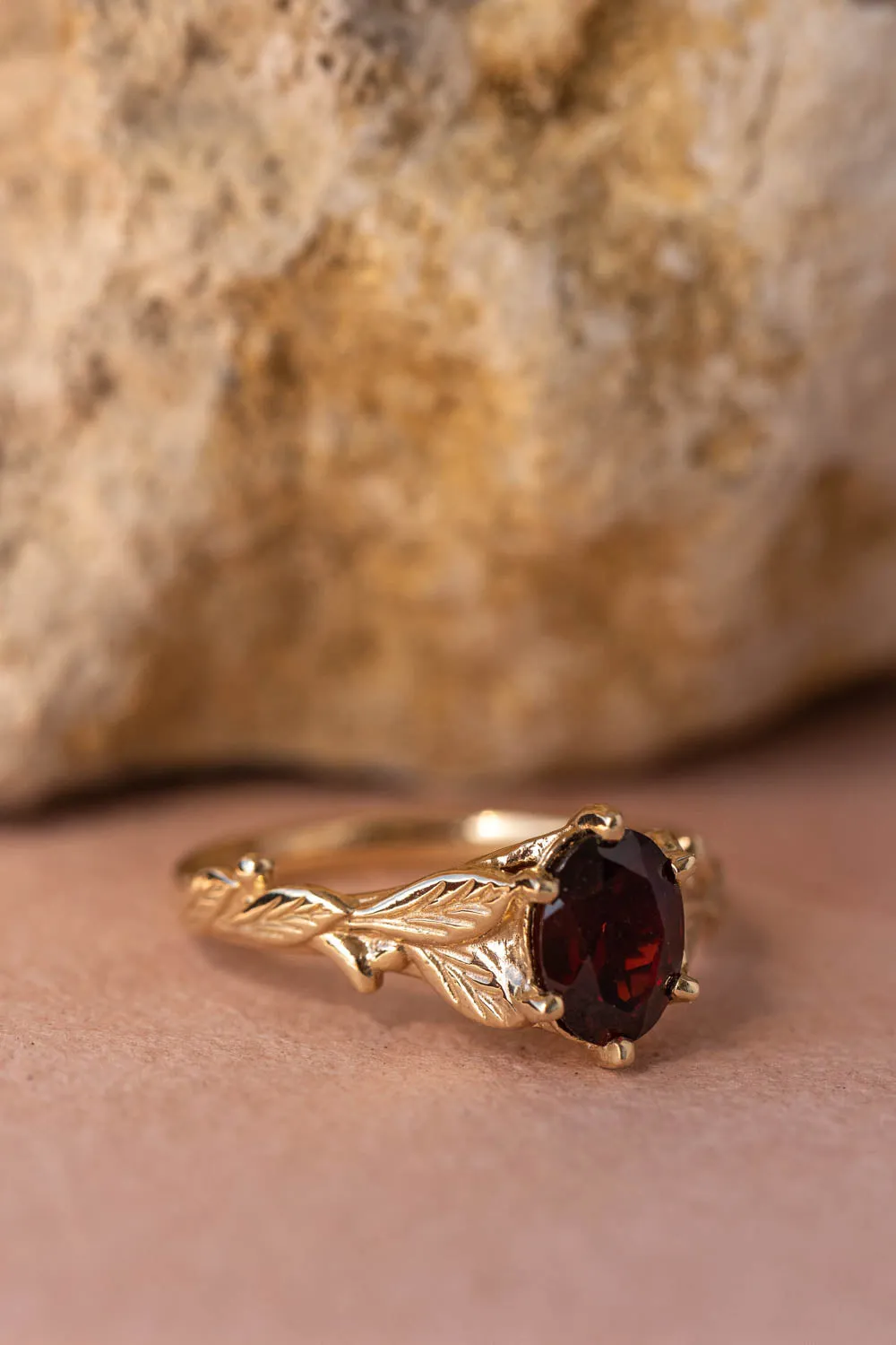 READY TO SHIP: Freesia ring in 14K yellow gold, natural garnet 8x6 mm oval cut, RING SIZE - 7 US