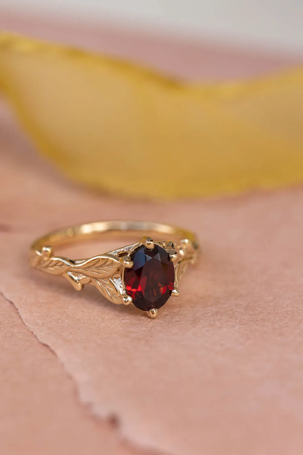 READY TO SHIP: Freesia ring in 14K yellow gold, natural garnet 8x6 mm oval cut, RING SIZE - 7 US