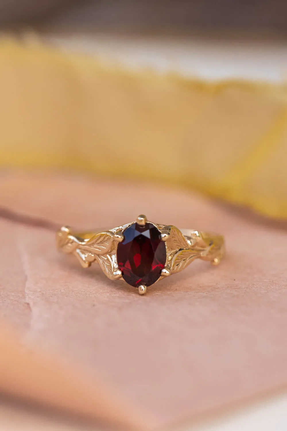 READY TO SHIP: Freesia ring in 14K yellow gold, natural garnet 8x6 mm oval cut, RING SIZE - 7 US