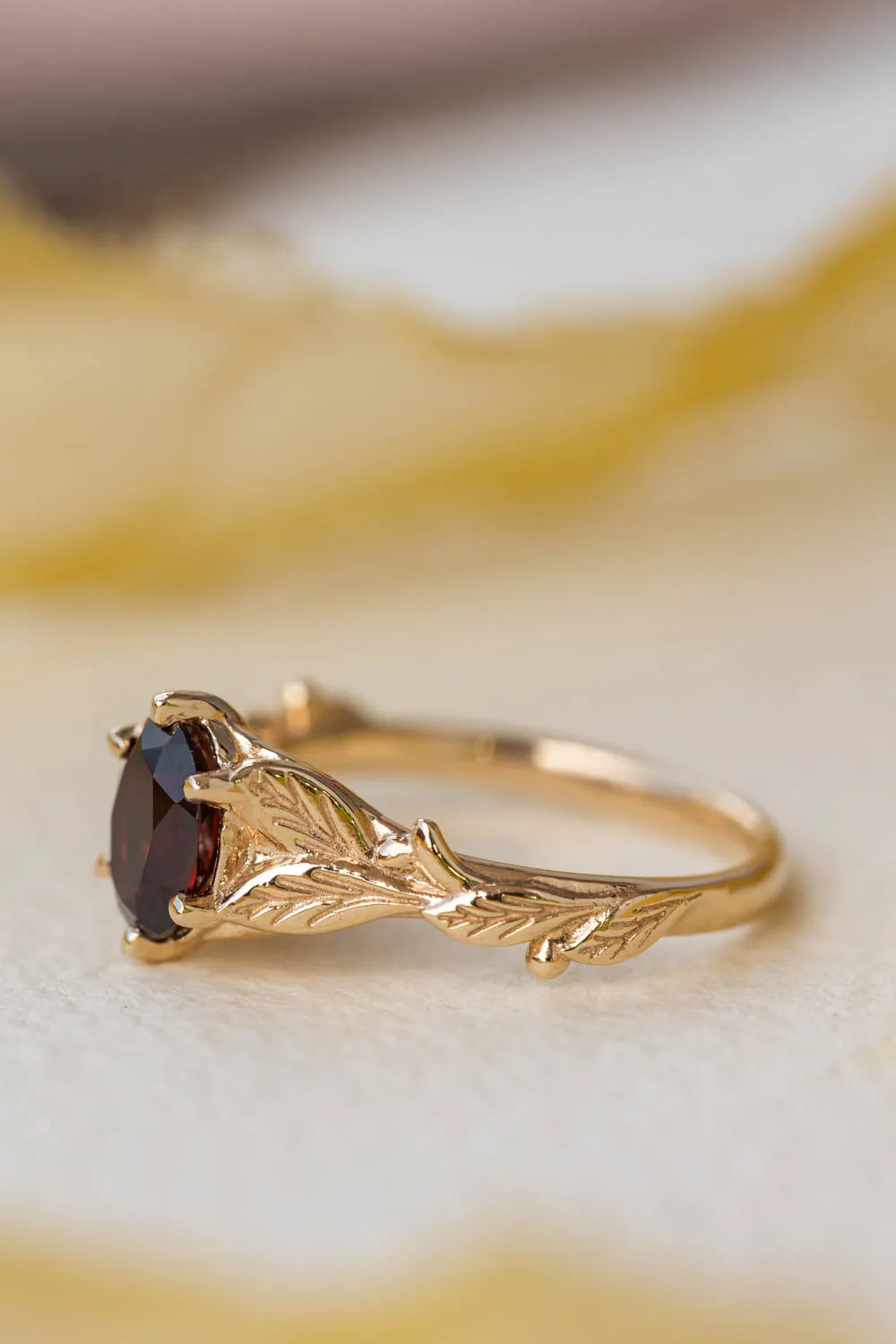 READY TO SHIP: Freesia ring in 14K yellow gold, natural garnet 8x6 mm oval cut, RING SIZE - 7 US