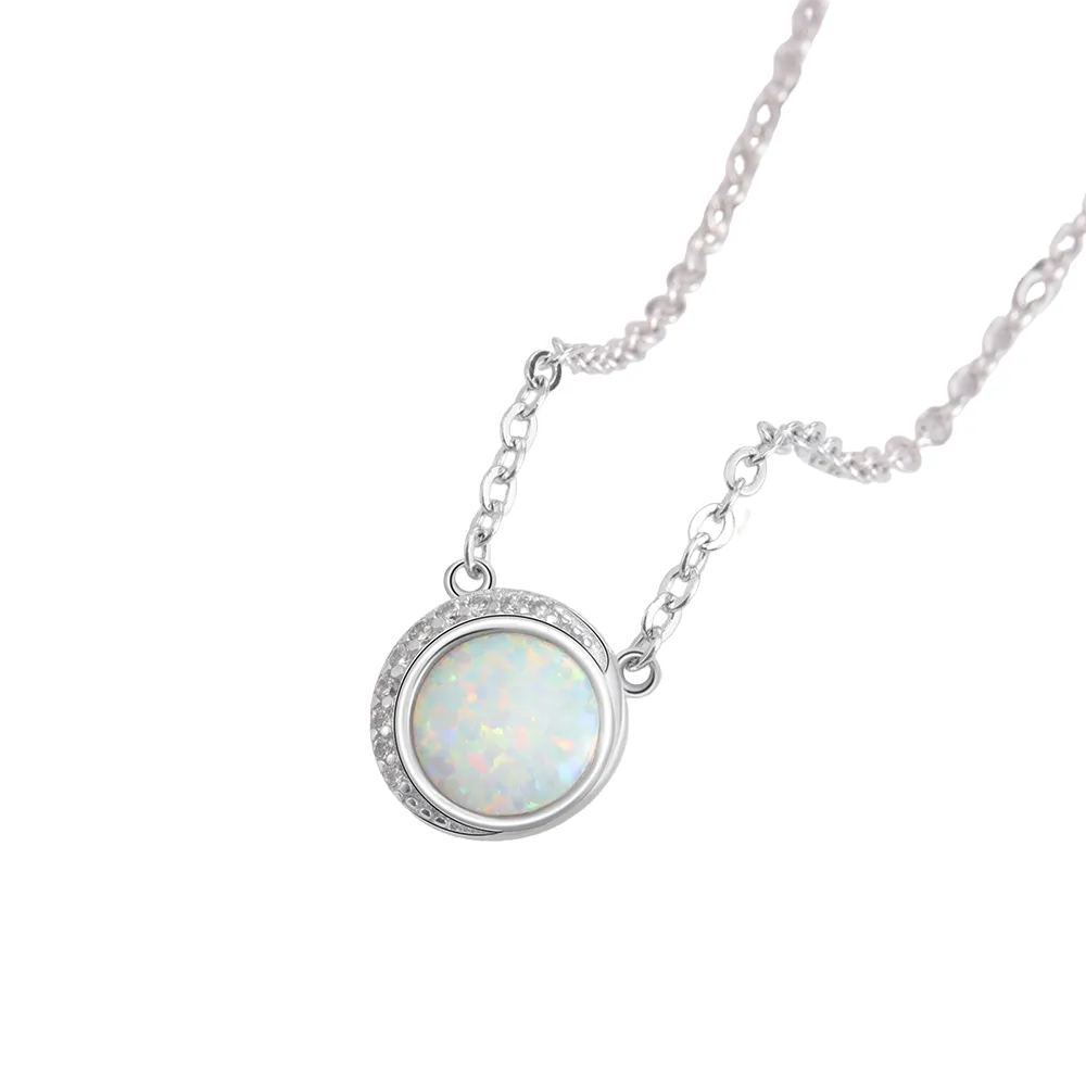 Silver Color Round White Opal Necklace