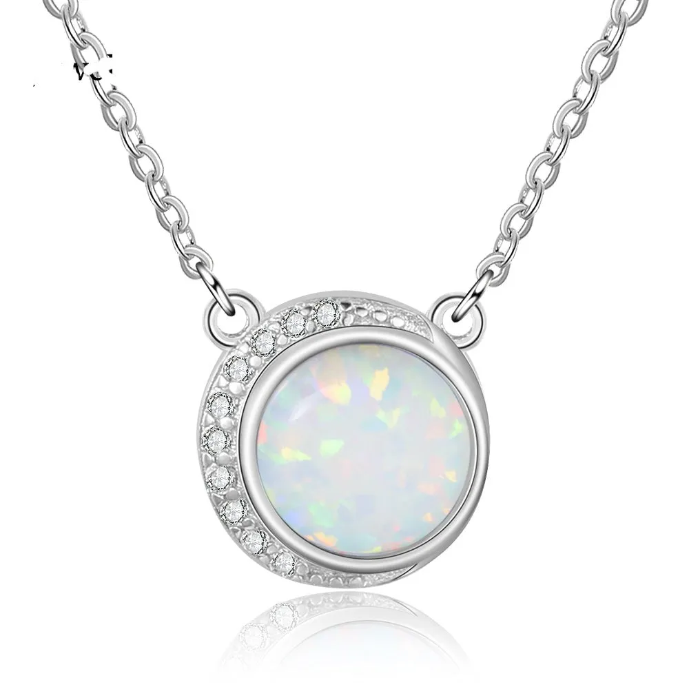 Silver Color Round White Opal Necklace